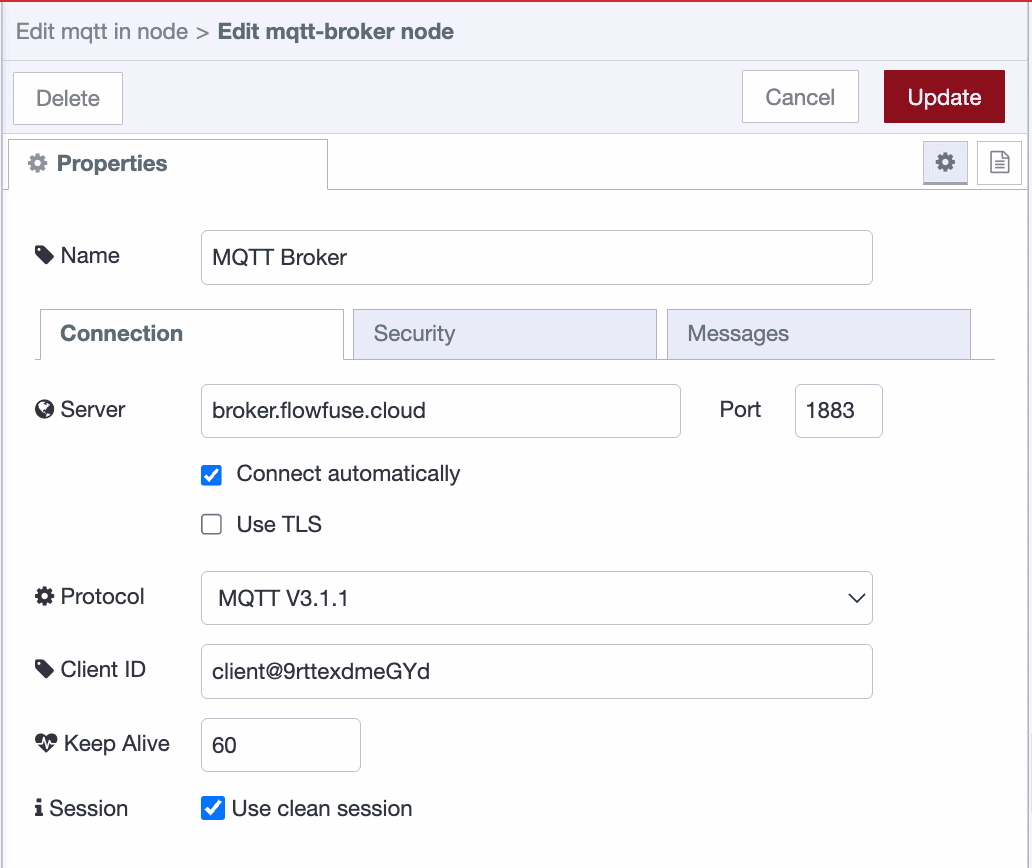 MQTT broker connection configuration screen showing server address, port, and protocol settings
